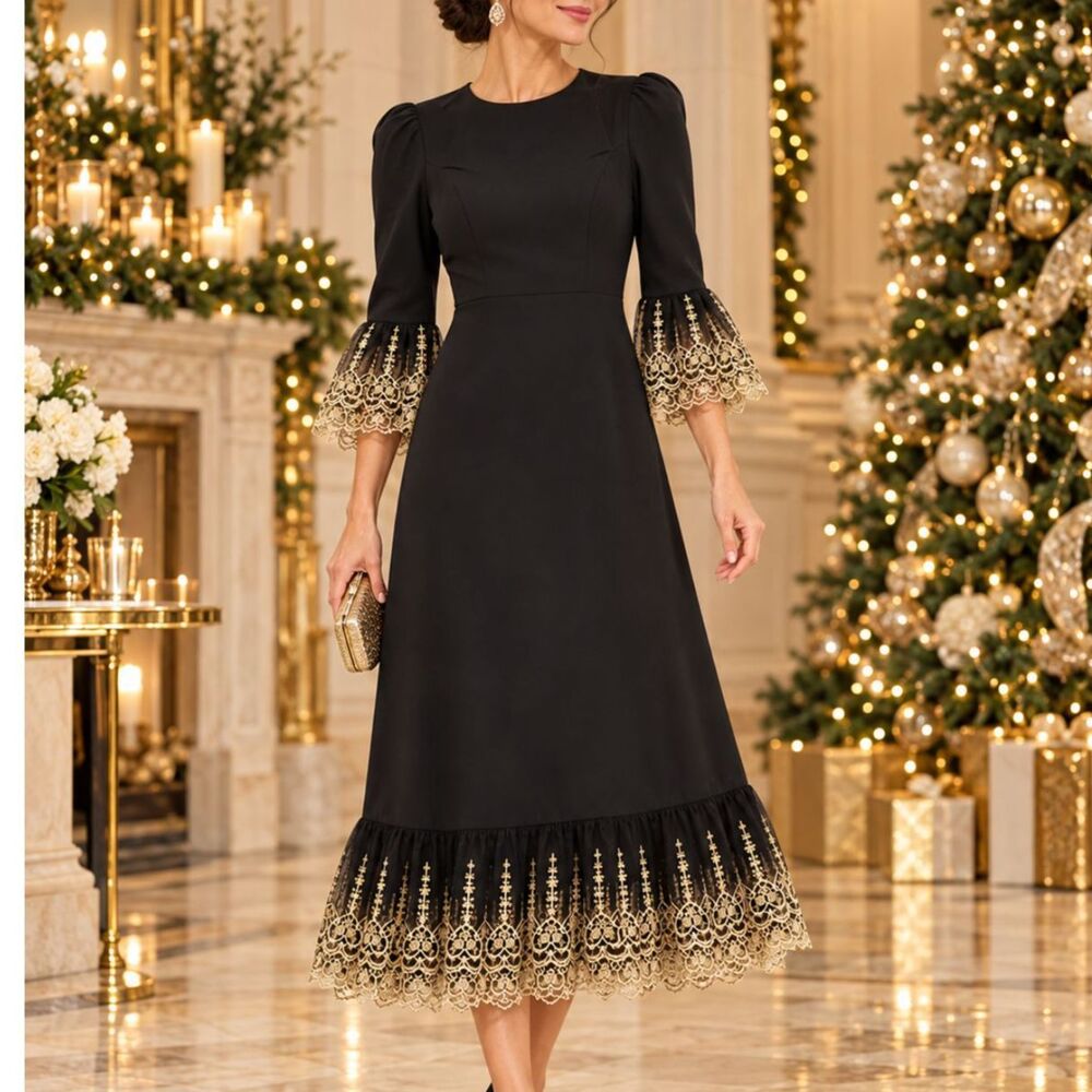 Tuckernuck Pomander Place NWT Midi Dress S Black Gold Lace Trim Romantic Holiday